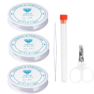 Afbeelding van MonoFresh Elastisch garen voor duurzame armband, 3 rollen transparante kralenarmbanden, nylondraad armbanden 0,5 mm, 0,8 mm 1 met schaar en kralennaald het maken van