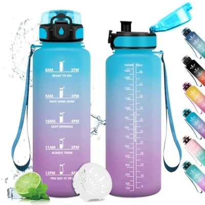 Image de Gourde de sport sans fuite, bouteille avec filtre indicateur temps motivation, réutilisable, sport, fitness, cyclisme