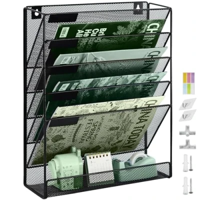 Afbeelding van IOUGDSEC A4 mesh wandmap met 6 verdiepingen om op te hangen voor mappen, tijdschriften, brieven en wandorganizer van duurzaam metalen gaas, zwart