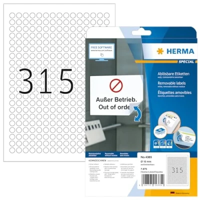 Afbeelding van HERMA 4385 universele etiketten A4 afneembaar (Ø 10 mm, 25 velles, papier, mat, rond) zelfklevend, bedrukbaar, verwijderbaar en opnieuw klevende etiketten, 7.875 voor printer, wit