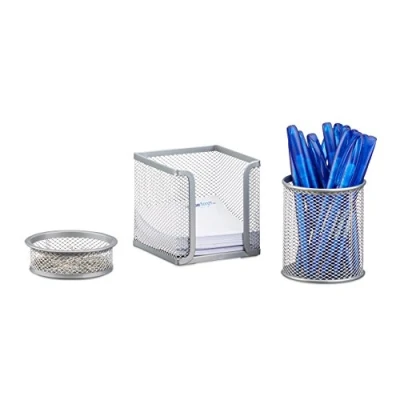 Afbeelding van Relaxdays bureau organizer set van 3 metaal pennenhouder memobox papercliphouder zilver