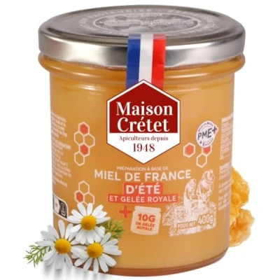 Afbeelding van Maison Crétet Franse zomerhoning en koninginnengelei Ongepasteuriseerde honing geoogst in Frankrijk glazen pot 400 g