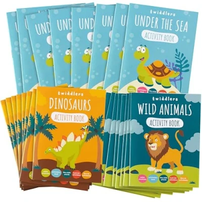 Afbeelding van THE TWIDDLERS 24 Mini Activiteiten &amp; Kleurboeken voor Kinderen Dinosaurussen, Wilde Dieren, Onderwaterdieren Bruiloften, Verjaardagen, Uitdeelcadeautjes, Traktaties, Weggeef Cadeautjes
