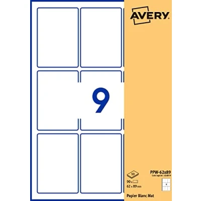 Afbeelding van Avery Zak met 90 rechthoekige zelfklevende etiketten, wit papier, formaat 62 x 89 mm, personaliseerbaar en bedrukbaar voor laser, inkjet kopieerapparaat (PPW 89.Fr)