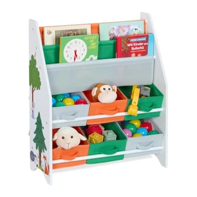 Afbeelding van speelgoedkast met 6 opbergmanden 74x62,5x31 cm bosdieren 2 hangvakken
