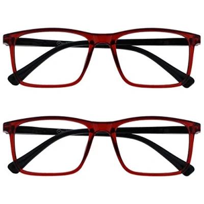 Image de OPULIZE INK Lunettes de lecture pour homme et femme Lot 2 Grand cadre rectangulaire Charnières à ressort confortables Anti rayures Rouge +1,50
