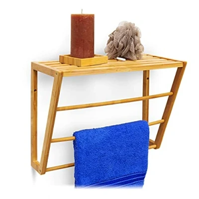 Afbeelding van Relaxdays handdoekrek muur bamboe met plankje badhanddoekhouder muurbevestiging