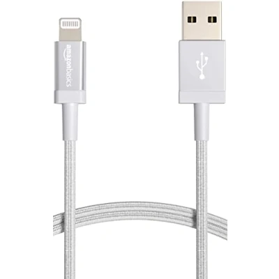 Afbeelding van Amazon Basics USB A naar Lightning kabel van gevlochten nylon, geschikt voor iPhone, 0,9 m, zilverkleurig