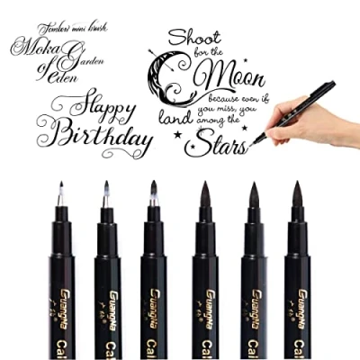 Afbeelding van O Kinee Set van 6 handkalligrafiepennen, zwarte viltstiften voor belettering, tekenen, bullet journal, schoolnotities en doe het zelf geschenken (4 maten)
