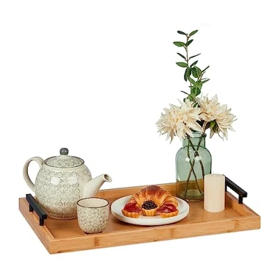 Afbeelding van Relaxdays dienblad bamboe 50x30 cm handgrepen ontbijt op bed groot serveerblad