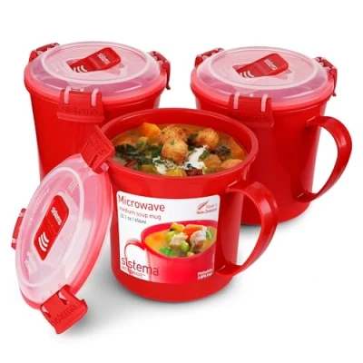 Afbeelding van Sistema Microwave Soepbekers, middelgroot, microgolfovenhouder, 656 ml, BPA vrij, rood, 3 stuks