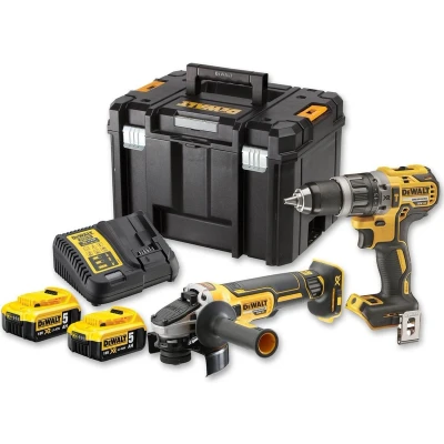 Afbeelding van DeWALT DCK2020P2T QW 18 V Comboset DCD791 accuboormachine DCG405 accu haakse slijper, 2x 5Ah accu&#039;s en lader in T Stak koffer