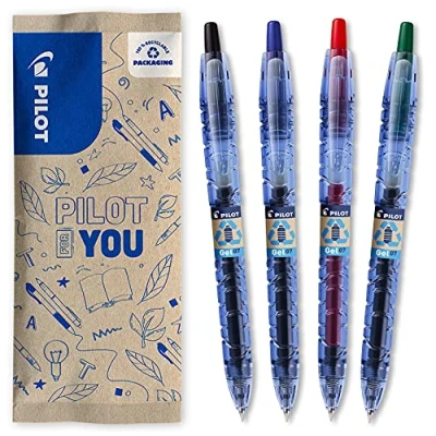 Image de PILOT Pack of 4 B2P Gel 0.7 ink roller ball pen Medium Begreen Assorted colors Black Blue Red Green