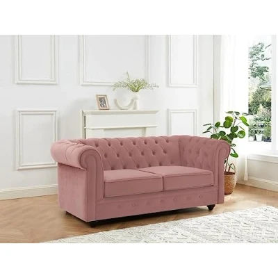 Afbeelding van Vente unique Tweezitsbank van pastelroze fluweel CHESTERFIELD L 168 cm x H 72 D 88