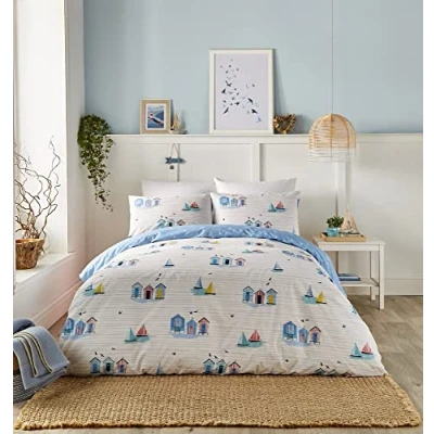 Afbeelding van Fusion Nautisch Blauw Dekbedovertrek Eenpersoons (140 x 200 cm) Omkeerbaar (2 motieven) aan zee / zeilboot en wit Beddengoed met kustthema set