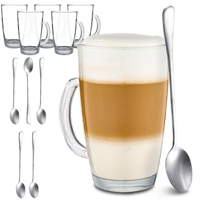 Afbeelding van 6 Cappuccino Glazen met Handvat en Lepel 250 ml Houdt Lang Warm Ideaal Formaat voor Volautomatische koffiemachines Vaatwasmachinebestendig