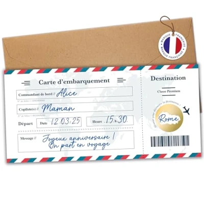 Afbeelding van Kraskaart voor reizen, verrassing, personaliseerbare instapkaart om cadeau te geven, vliegticket, aankondiging, cadeau, verjaardagskaart, verrassingskaart, in het Frans, model wit