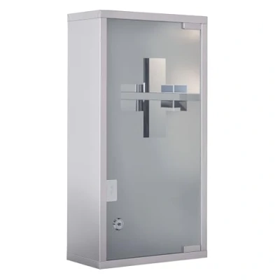Image de Armoire à pharmacie 2 étagères 3 niveaux verrouillable porte verre trempé dépoli logo croix 25L x 12l 48H cm acier inox