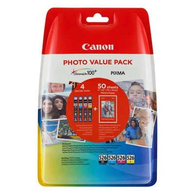 Image de Canon CLI 526 C/M/Y/BK Photo Value Pack de 4 9 ml noir jaune cyan magenta original 100 x 150 mm 50 feuille(s) blister réservoir d&#039;encre/kit papiers pour PIXMA iP4950 iX6550 MG5250 MG5350 MG6150 MG6250 MG8150 MG8250 MX715 MX
