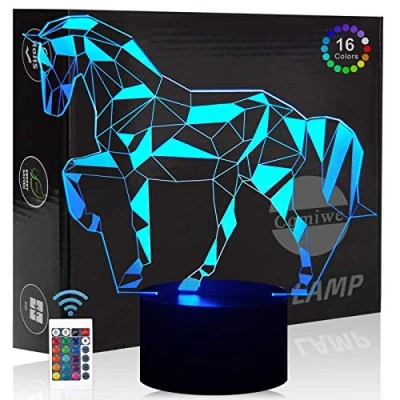 Afbeelding van Comiwe Paard 3D illusie, nachtlampje, speelgoed, woondecoratie, led, bedlampje, tafel, touchscreen en afstandsbediening, 16 kleuren, verjaardagscadeau voor meisjes, jongens, kinderen, vrienden