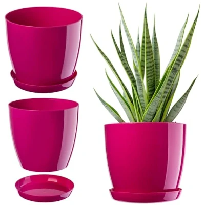 Afbeelding van KADAX Elegante bloempot met onderzetter, rond en elegant, van lichte kunststof, voor binnen thuis, bloempot, plantenpot, diameter 14 cm, amarantrood