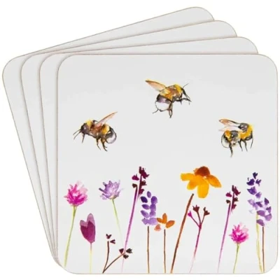 Afbeelding van Heat Resistant Cork Back Coasters Pretty Water Colour Busy Bees Design by Jennifer Rose Gallery
