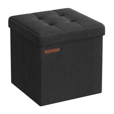 Afbeelding van SONGMICS Opbergkruk, kleine opvouwbare poef, 30 x cm, kubusvormige voetensteun met opslag, belastbaar tot 130 kg, voor woonkamer, slaapkamer, slaapzaal, inktzwart LSF028B01