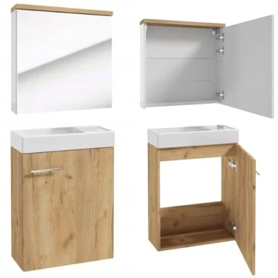 Afbeelding van Deftrans Wastafelonderkast en badkamerspiegel, 50 x 70 23 cm, eiken, badkamermeubel, spiegelkast wastafel met onderkast