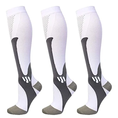 Afbeelding van 3 paar compressiesokken voor heren en dames, compressiekousen, hardlopen, sport, vliegtuig, reizen, herstel, Wit.