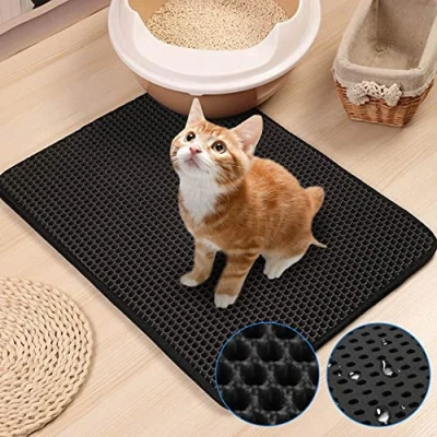 Afbeelding van Lospitch kattenbakmat, 78 x 60 cm, zwart, grote honingraatdesign, waterdicht, dubbellaags, gemakkelijk te reinigen