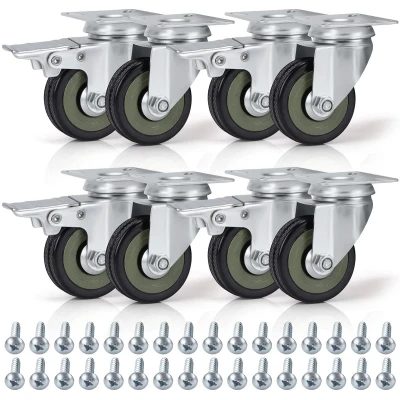 Afbeelding van Kurtzy 8 stuks draaibare wielen, zwart, meubelwielen, 50 mm, met rubberen schroeven, remmen en metalen platen, maximale belasting 200 kg, wielen voor meubels, karren werkbanken