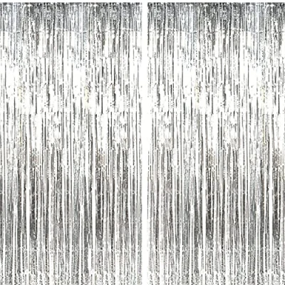 Afbeelding van Jonami 2 stuks zilveren glittergordijnen voor feest en verjaardag, decoratie, aluminium gordijnen met franjes
