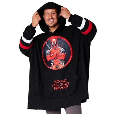 Afbeelding van Marvel Trui voor heren, oversized, fleece, poncho, sweatshirt, één maat, volwassenen, tieners, Zwart Deadpool
