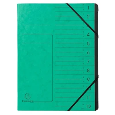 Afbeelding van Exacompta Ref. 541203E 1 Sorteermap met vaste rug en elastosluiting cover bedrukt in glanzend karton zwart gerecycleerd binnenin 12 vakken formaat 24,5x 32 cm A4 kleur groen