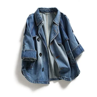 Afbeelding van TOMPPY Spijkerjassen voor dames, trendy blauw gewassen spijkerjack met lange mouwen en knopen, vintage truckerjas, losse revers, lente overgang denim jas,
