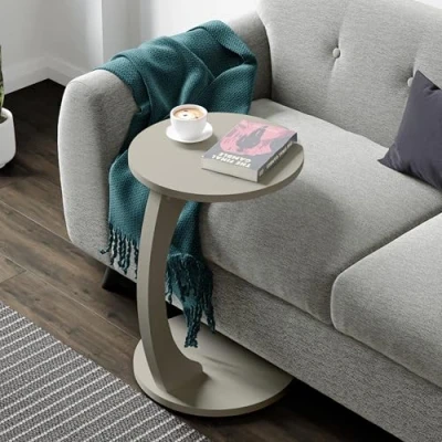 Afbeelding van [en.casa] Table d&#039;Appoint Ronde pour Salon de Chevet Design Chambre Bout Canapé aux 4 Roulettes Panneau Particules 56 x 38 cm Grège
