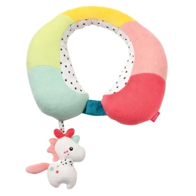 Image de Fehn 057294 coussin cervical licorne avec petit hochet Forme ergonomique du de nuque soutien, soulage et offre un maintien sûr dans la voiture, nacelle ou poussette. Multicolore
