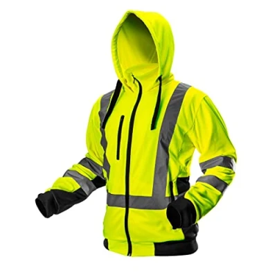 Afbeelding van NEO TOOLS veiligheidsjas voor heren met reflecterende strepen, kap, opstaande kraag, fleecevoering, werkjas, veiligheidsjas, lange mouwen, neongeel,