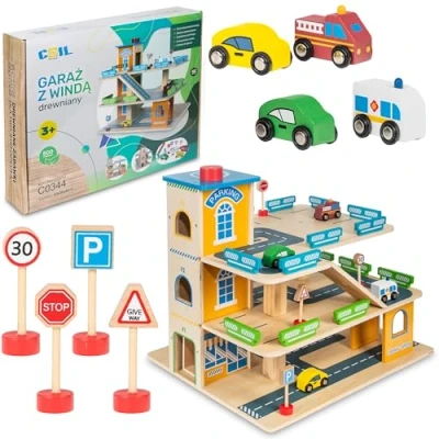 Afbeelding van Coil Houten parkeergarage voor kinderen garage met drie verdiepingen lift en accessoires van hout speelgoed