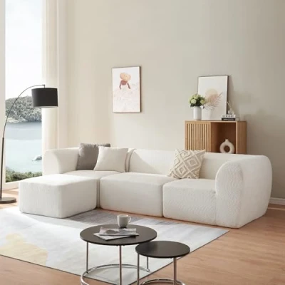 Afbeelding van 3 Zitsbank Hurvas met longchair modulaire bank 313x181x76 cm crème wit [en.casa]