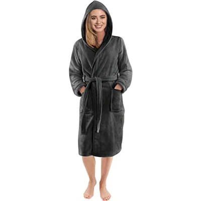 Afbeelding van NY Threads Luxe Dames Kamerjas met Capuchon Superzachte Fleece Badjas Gezellige Pluche Loungewear en Nachtkleding, Donker Grijs, S
