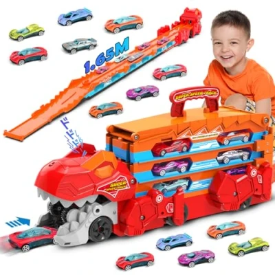 Afbeelding van VATOS 2 in 1 autospeelgoed, dinosaurus, transportspeelgoed, opvouwbaar, met 8 raceauto&#039;s, voertuigen, voor kinderen en jongens van 3 tot 5 jaar