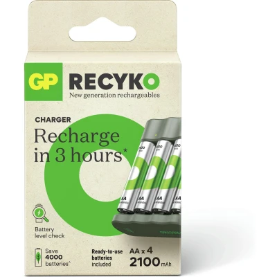 Afbeelding van GP USB batterijlader + 4 x AA batterijen 2100mAh NiMH