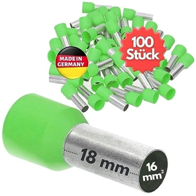 Afbeelding van 100 stuks Kalitec AE1618GN adereindhulzen geïsoleerd 16,0 mm² 18 mm lang groen I Made in Germany Industriële kwaliteit