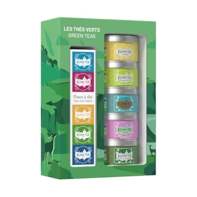 Image de Kusmi Tea Coffret &quot;Les Thés Verts&quot; + Pince à Thé Assortiment de Bio Idée Cadeau Homme et Femme Vert la menthe, Jasmin, Citron, Gingembre Fabriqué en France 5 Boîtes 25g