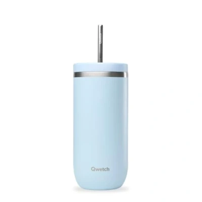 Afbeelding van QWETCH Cold Cup Thermosbeker, 600 ml, pastelblauw, 24 uur ijskoud en 12 koud gerecycled roestvrij staal, spatvrij ideaal voor verse dranken, Bubble Tea ijskoffie