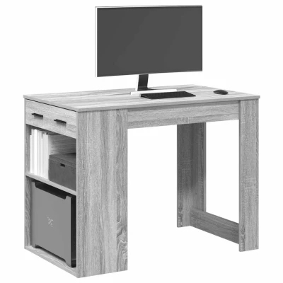 Afbeelding van vidaXL Bureau met lade&amp;plank 102x62x77,5 cm bewerkt hout grijs sonoma