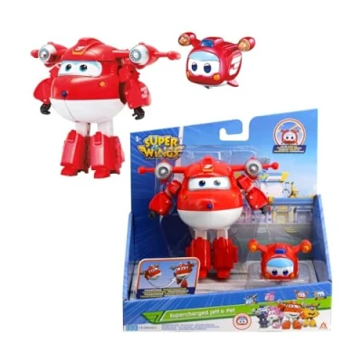 Afbeelding van Super Wings Transforming Airplane Supercharged Jett en Pet Jett, speelgoed voor kinderen vanaf 3 jaar, transformeerbare vliegtuigen met bewegings lichtfunctie, Rood