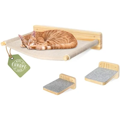 Afbeelding van WOOWOOD® kattenklimwand incl. 2 x kattentrap muur [massief hout], krabpaal muur, kattenhangmat, kattenmuur, muurkrabpaal, kattenmeubel, kattenklimmuur