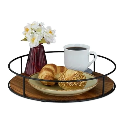 Afbeelding van Relaxdays dienblad industrieel 31 cm hout en metaal hoge rand decoratief